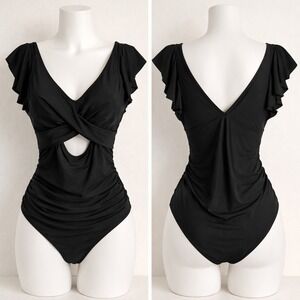 Womens Black Wrap Front Cutout Ruched One Piece Swimsuit Flutter Sleeve Size M